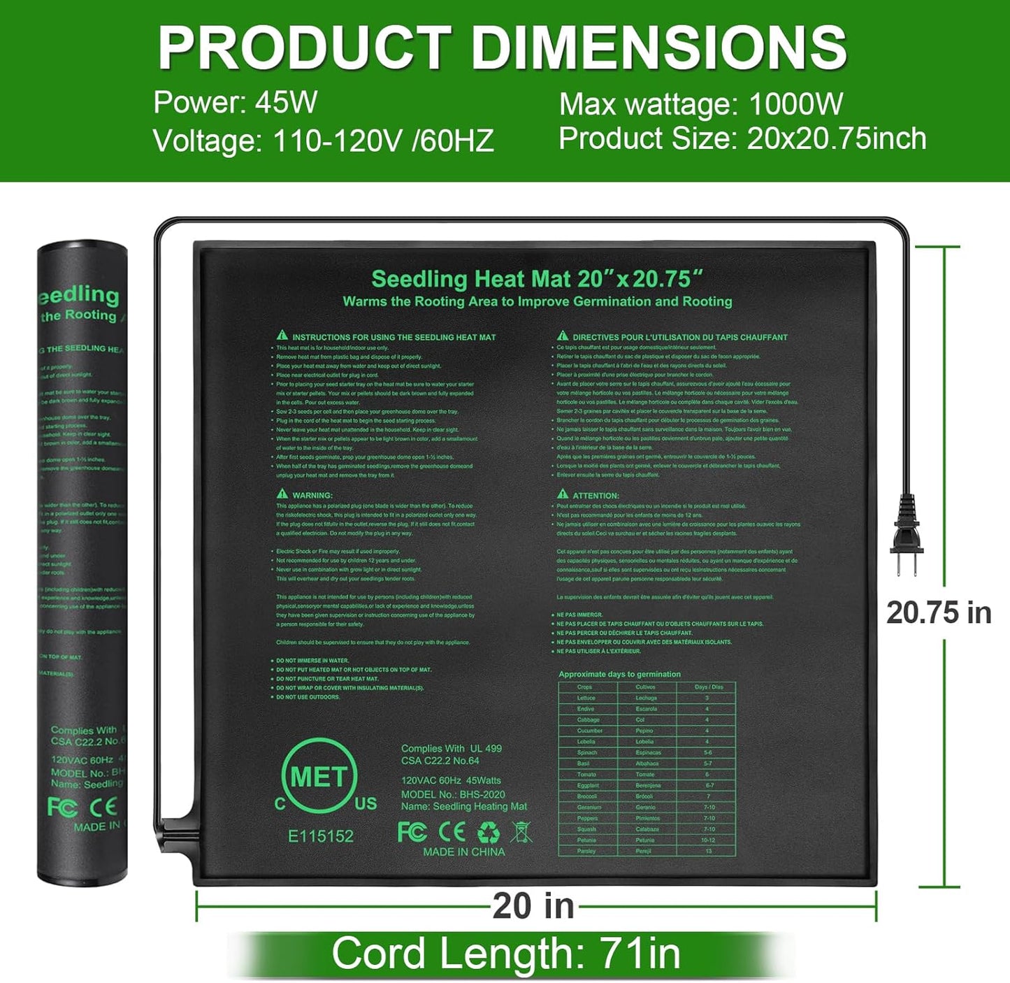 Bestio Waterproof Seedling Heat Mat, 20×20.75 in Heat Mats for Seed Starting, MET Certified Seed Mat, Suitable for Indoor Gardening, Germination