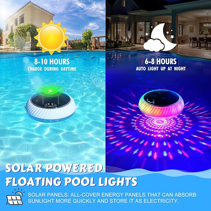Goallim Floating Pool Lights Solar Powered, 7.6 Inch RGB Upper& Lower Color Changing Solar Pool Lights that Float with Dynamic Lighting Effects, IP68 Waterproof Swimming Pools Light for Party Decor(2)