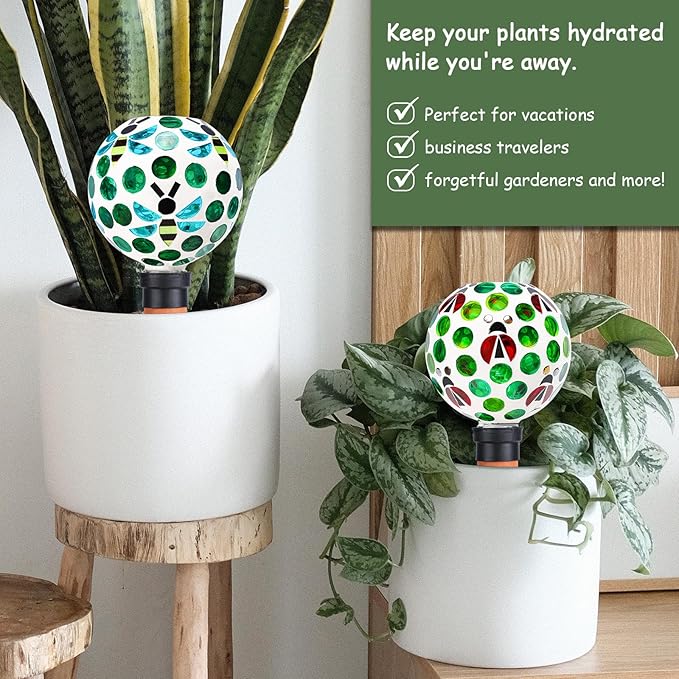 Terracotta Plant Watering Globes Mosaic Self Watering Spikes 2 Pack for Indoor Outdoor Plants Automatic Plant Waterer Plant Watering Devices for Garden Home Decor
