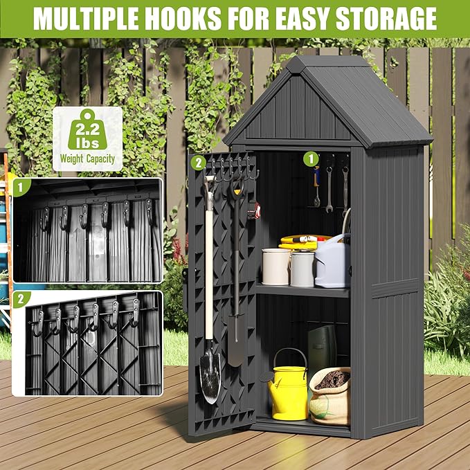 Fancyango Outdoor Resin Storage Shed, Upgrade Sturdy Storage Cabinet with Removable Shelves and Lock Ring, Reinforced Floor, All-Weather Construction for Garden Patio Lawn (Black) (Black)