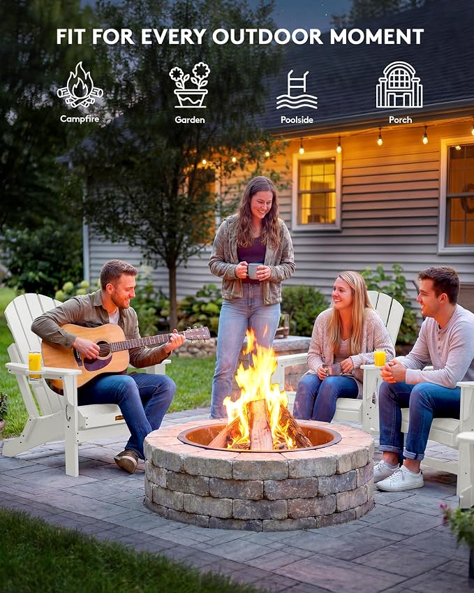 SERWALL Folding Adirondack Chair - HIPS Adirondack Chairs Outdoor Chairs Weather Resistant Fire Pit Chairs- White