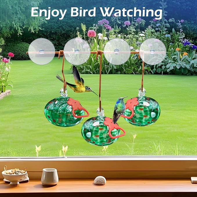 Pozfun Window Hummingbird Feeder with Suction Cups,Hand-Blown Glass Hummingbird Feeders for Outdoors Window Mounted with Metal Hook,Close Bird Watching,Finch in Garden,Yard(Green)