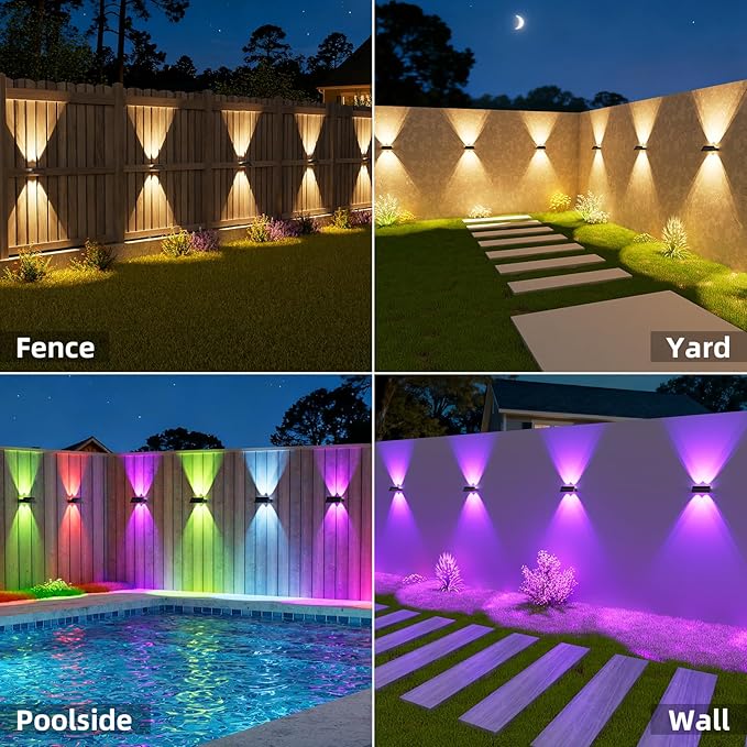 NIORSUN Solar Fence Lights Outdoor, 16 Pack Up and Down Waterproof Solar Wall Lights, Fence Lights with Lens, Warm & Cool White + RGB, Dusk to Dawn Lighting for Patio, Backyard, Pool, Railing (Black)