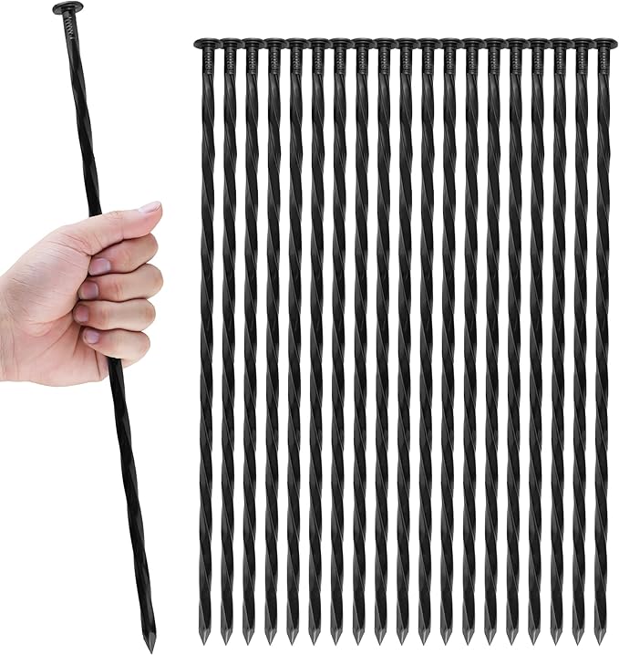 16 Inch Spiral Landscape Stakes, 12 Pack Heavy Duty Metal Ground Anchor Spikes for Paver Edging, Weed Barrier, Camping Tent