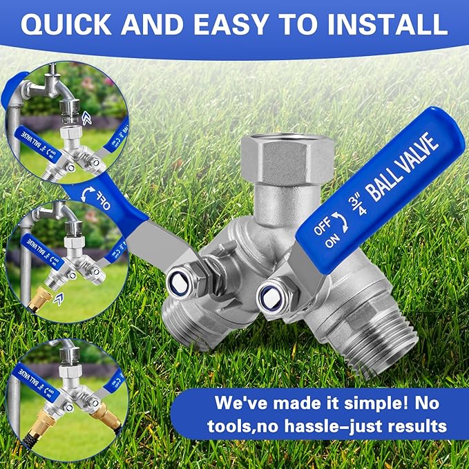 Garden Hose Splitter, 304 Stainless Steel 2 Way Heavy Duty Water Hose Splitter with Long Handle, Water Hose Y Spigot Splitter with Shutoff Valves, 3/4" GHT Thread Outdoor Faucet Splitter