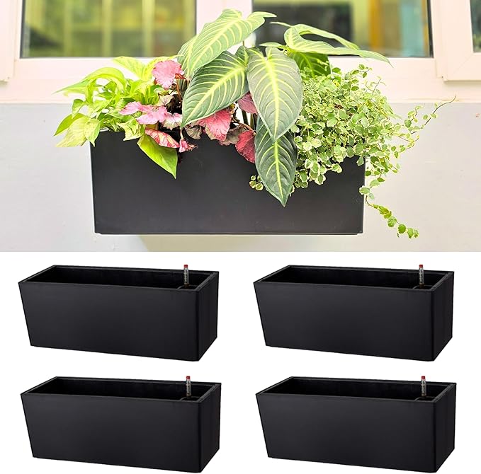 LaLaGreen Wall Hanging Planter Outdoor (4 Pack, 20 Inch) Wall Mounted Self Watering System Window Boxes with Bracket, Black Rectangular Plant Pot Flower Box Container Indoor Modern Herb Kitchen Decor