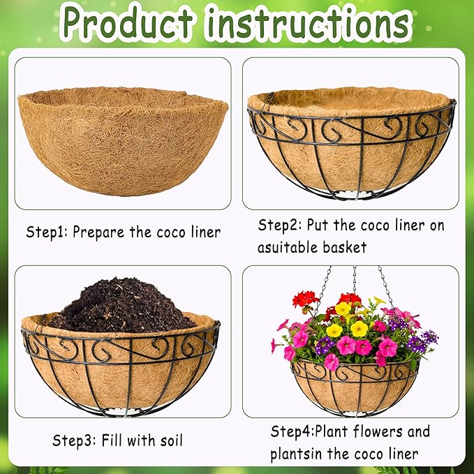 14 Inch Hanging Planters (4 Pack) - Round Metal Baskets with Cocoa Liners for Indoor/Outdoor Gardens, Porch & Patio Decor（HB）