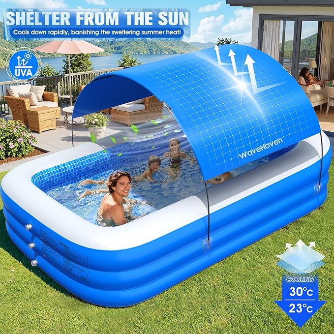 2026 Inflatable Pool with Canopy,Upgraded Blow Up Pool for Adults&Kids,Large Inflatable Pool with Seat and Big Backrest,Kiddie Pool with Shade,Kid Swimming Pool for Backyard 110"x63"x20"Blue