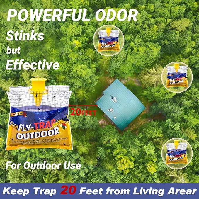 Disposable Fly Traps 4 Pack Bags Outdoor, Flies Catcher Traps with Natural Pre-Bait Refill Repellent, Reusable Stable Horse Ranch Trapper Outdoor Hanging Fly Killer Helps Control Flies