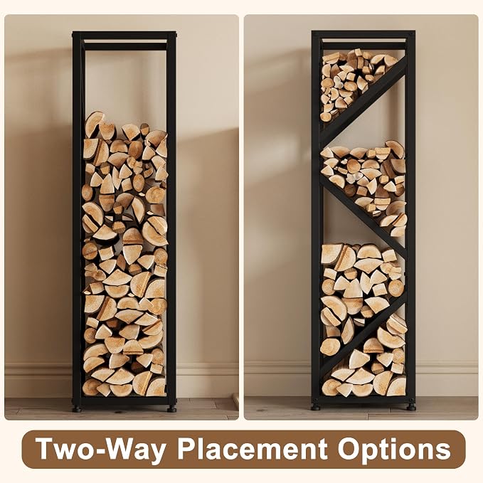 Firewood Rack Indoor 47 Inch Tall, 4-Tier Heavy-Duty Firewood Holder for Fireplace with Minimalist Style, Decorative Log Rack, Flexible Storage, Space-Saving, Easy Assembly, Black