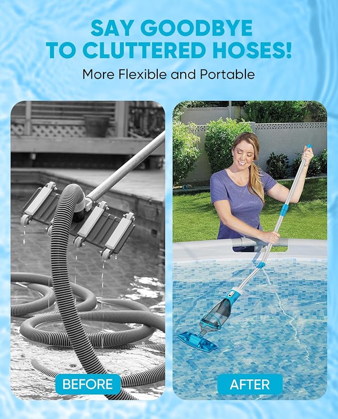Cordless Pool Vacuum with Telescopic Pole, 18.5 GPM Powerful Suction, 1.5H Supercharge Technology, Handheld Pool Vacuum Cleaner for Above Ground/Inground Pools, Hot Tubs, Sky Blue