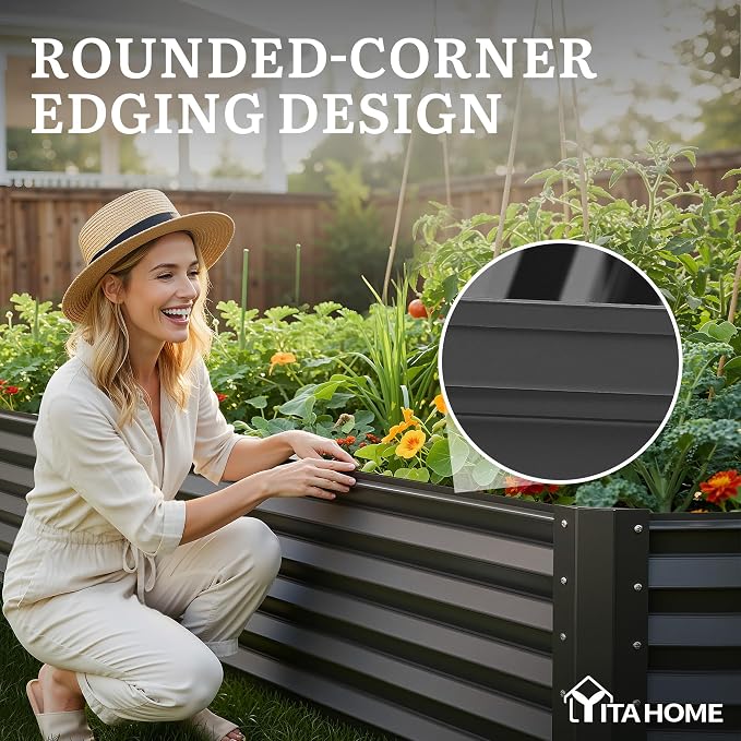 YITAHOME 6x3x1.5ft Large Raised Garden Bed Kit, Galvanized Metal Planter Box with Gloves, Support Rod, Outdoor Above Ground Planters for Plants, Vegetables, Flowers, Black
