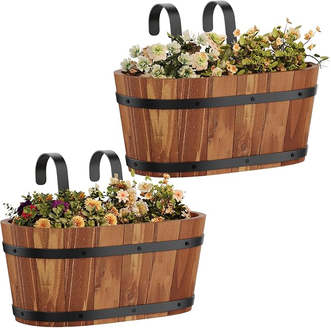 Railing Planters for Outdoor Plants Balcony Hanging Flower Pots with Detachable Hooks, Window Flower Box Hanging Bucket Pots Fence Planters for Garden Home Decor (Brown-2pack, Large)