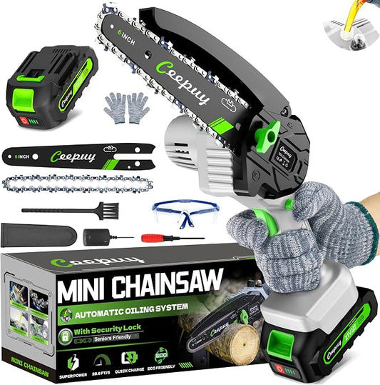 CEEPUY Mini Chainsaw Cordless, Gifts for Men Dad Father Husband Gardener, Cool Gadgets for Men, 6 Inch Portable Electric Chain Saw, Small Handheld Security Lock Trees Branches Trimming, Wood Cutting