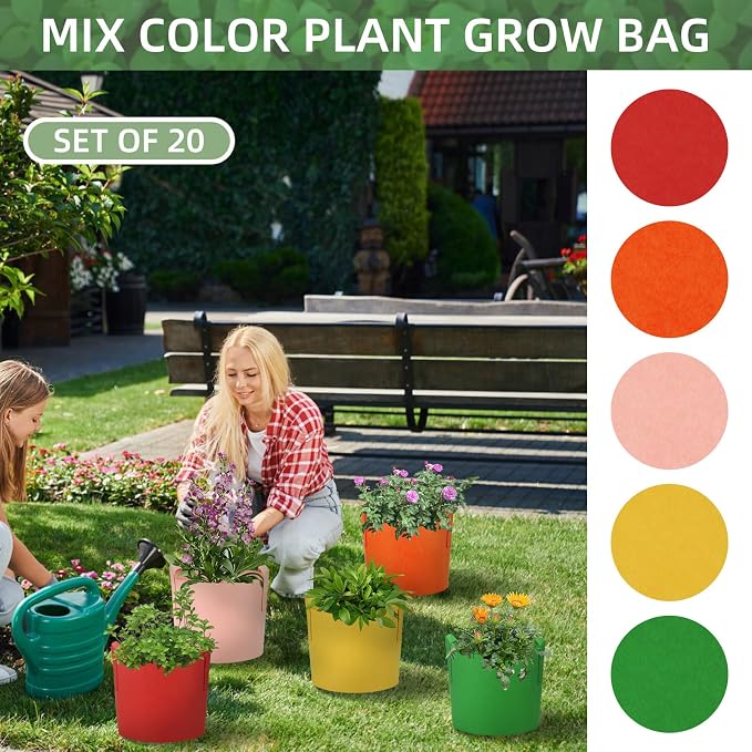 20 Pack 15 Gallon Grow Bags, Colorful Potato Plant Grow Bags with Handles, Nonwoven Garden Fabric Pots for Vegetable Fruit Flowers Herbs Tomato Potato Growing (15 Gal)