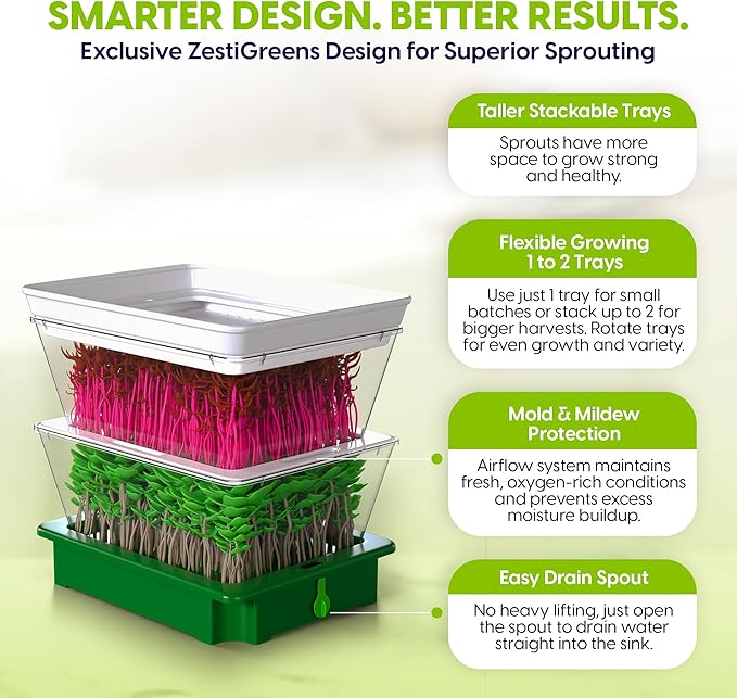 ZESTIGREENS 2-Tier Sprouting Kit - Stackable Seed Sprouter Trays with Drain Spout - Grow Fresh Sprouts at Home - BPA-Free