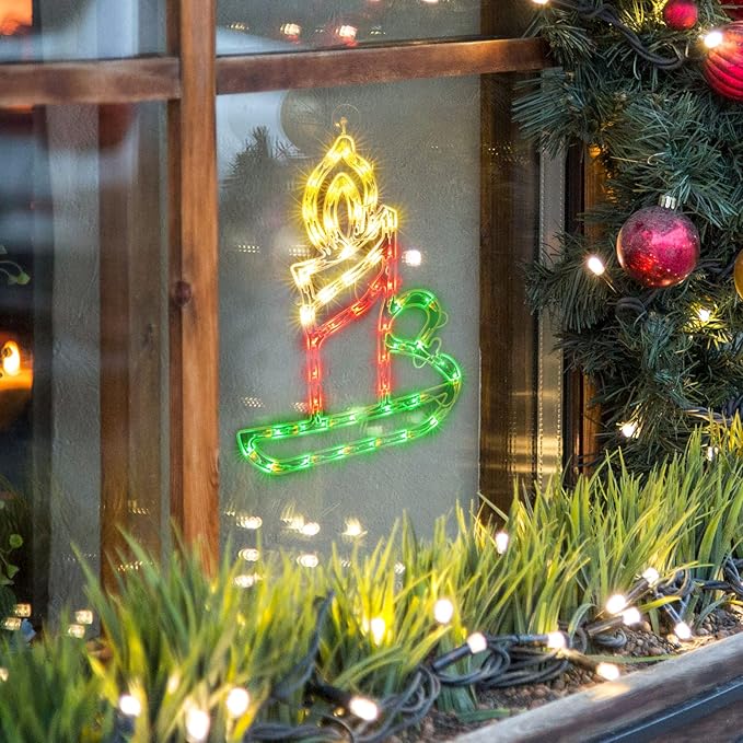 Christmas Window Silhouette Lights, Lighted Candle Double Sided Decorations with 50 Count Incandescent Mini Light, for Holiday Indoor Wall Door Glass Decor