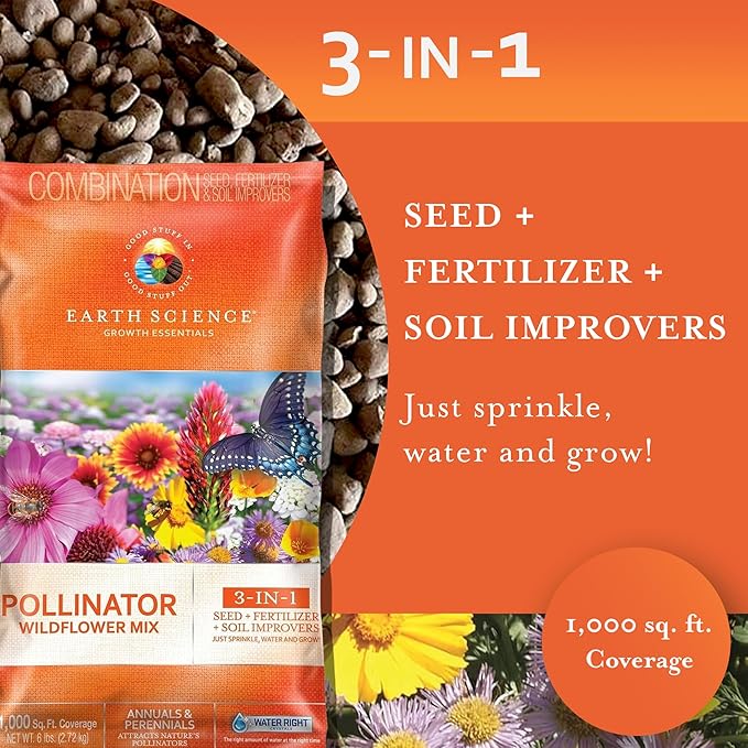 Earth Science Wildflower Pollinator Mix— 6 lb—3-in-1 Mix with Premium Wildflower Seed, Plant Food and Soil Conditioners, Non-GMO, for Bees, Hummingbirds, Butterflies, Pollinators