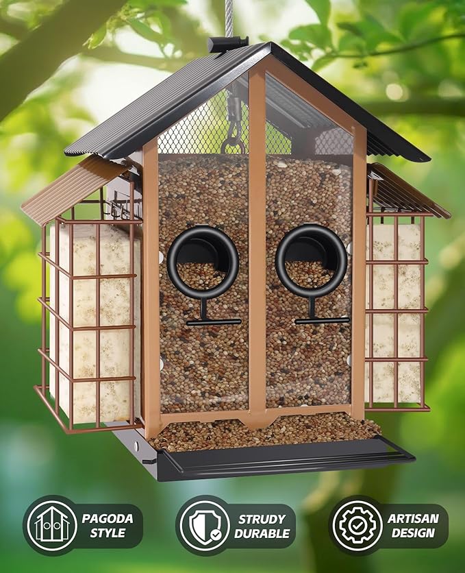 Weatherproof Bird Feeders for Outdoors - 4Lbs Large Metal Suet Feeder for Cardinal Finch, Garden Decor (Khaki)