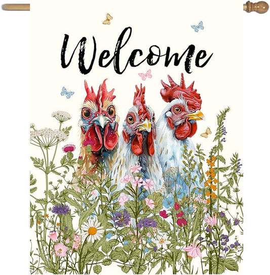 Floral Chicken Garden Flag 28x40 Double Sided Flower Rooster Farmhouse Yard Flag for Outside Welcome Decor