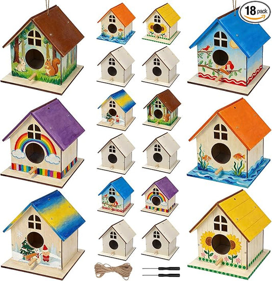 18 Pack Wooden DIY Birdhouse Kit for Kids Adults, Thickened Double-Layer Wood with Screwdrivers, Nails, Ropes, Easy Build & Paint Arts and Crafts Set for Backyard Garden Bird Watching