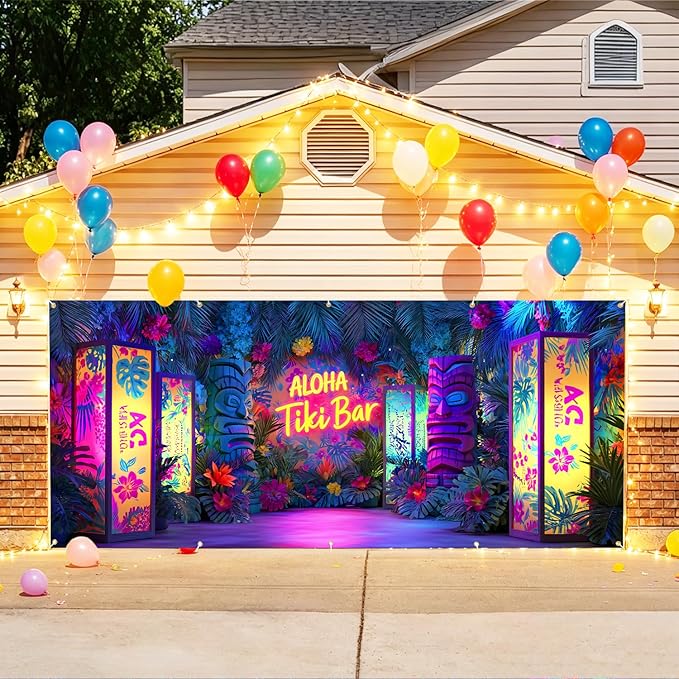 7 * 16FT Summer ALOHA & Tiki Bar Garage Door Cover Decorations Sunset Palm Trees Garage Door Banner for Outdoor Indoor Summer Party Photography Backdrop