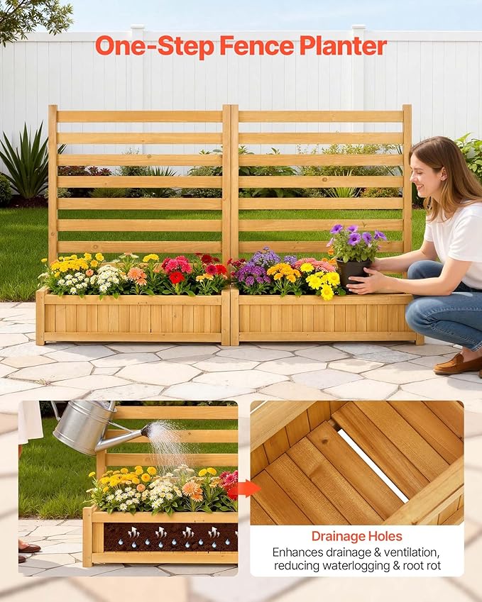VEVOR Wooden Privacy Fence, 36 x 45 inch Air Conditioner Fence, 2 Slatted Panel Solid Outdoor Wood Privacy Screen with 2 Planters, Metal Stakes, Trash Can Hider Fences Suitable for Garden, Pool