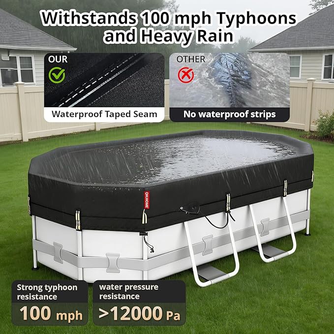 QH.HOME 10x16ft Oval Pool Cover,[Ultimate Windproof & Tear-Resistant Fabric],Snug Fit with Patented Ratchet & Weight Rings,Solar Pool Cover for Above Ground Pools, Blocks Leaves &Waterproof