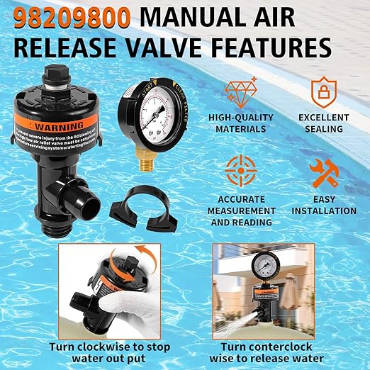 98209800 Manual Air Relief Valve Assembly with Pool Filter Pressure Gauge, Spa Pool Filter Pressure Valve Compatible with Pentair Air Relief Valve Fit for FNS, Clean and Clear, Quad De, 4000 Series