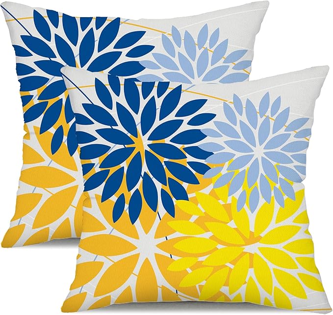 DFXSZ Outdoor Pillow Covers 18x18 Inch Set of 2 Yellow Blue Flower Decorative Waterproof Spring Summer Outdoor Pillow Covers for Patio Funiture Garden Couch 168E18
