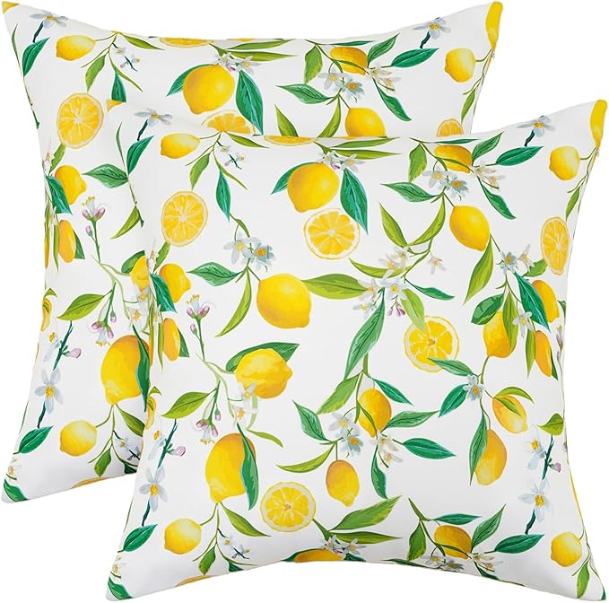 SquarePie Outdoor Pillow Covers 20x20 Inch Set of 2 - Waterproof Lemon Square Cushion Covers for Patio Garden Furniture, Summer Yellow Citrus Decorative Throw Pillow Cases for Couch Sofa Balcony Bench