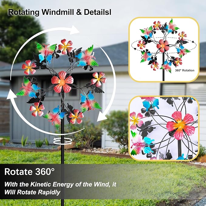 360° Butterfly Wind Spinners Outdoor Metal, Double-Layered Kinetic Wind Spinner with Stake, 38"×11.5", Wind Spinners for Yard and Garden (Butterfly)