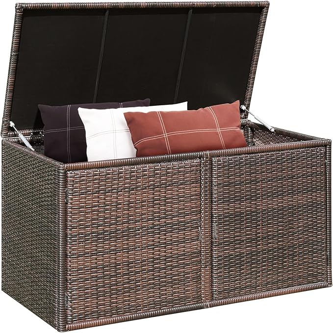 RELAX4LIFE PE Wicker Storage Box - Outdoor 88 Gallon 2-Tier Deck Box for Patio Furniture Toys Storage w/Lid & Front Doors, All Weather Rattan Storage Bin for Backyard Garden Poolside Porch (Brown)