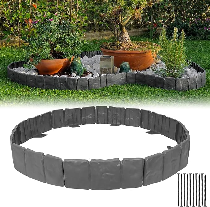 Garden Edging Border NO DIG, with Landscape Edging Anchoring Spikes, Gray Stone Effect Plastic Lawn Edging Fencing, Interlocking Yard Lawn Edging for Flower Bed | 24 Ft | 30Pcs | Gray |