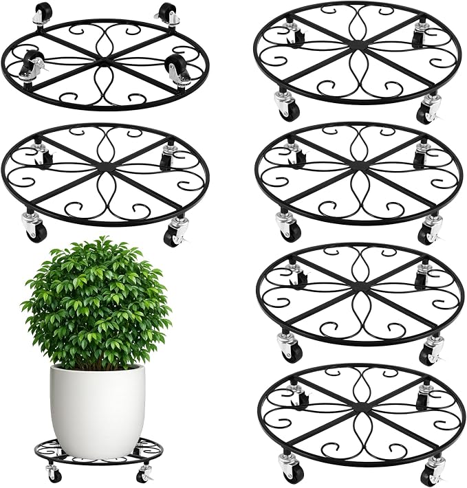 6 Pack Plant Caddy with Wheels 16 Inch Rolling Plant Stand for Large Plants Heavy Duty Plant Rollers Metal Plant Dolly Rustproof Planter Stand Wrought Iron Plant Stands Flower Cart Indoor Outdoor