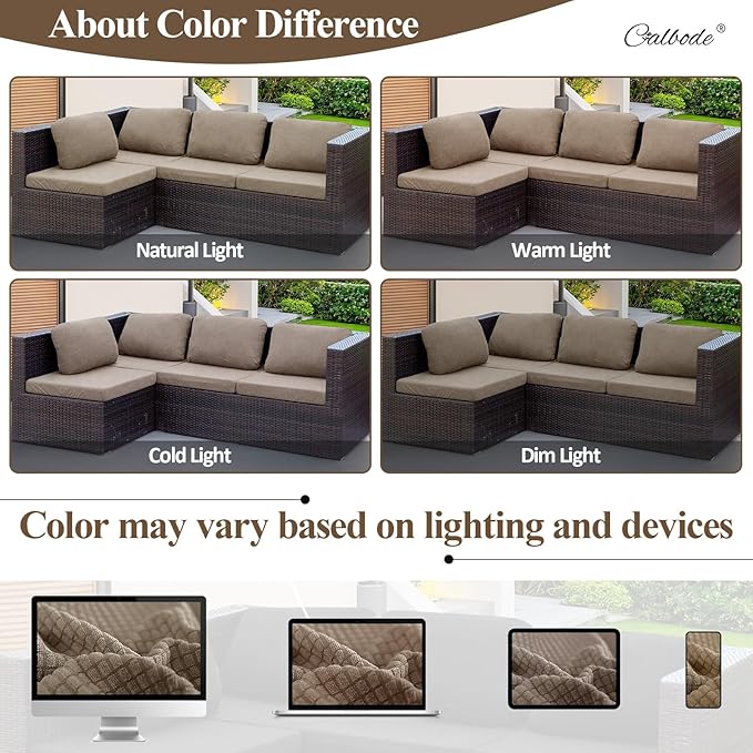 CALBODE 8Pcs Outdoor Stretch Cushion Covers,Waterproof Outdoor Chair Cushion Covers for Patio Furniture, Washable Jacquard Couch Covers Replacement for Patio Furniture(Khaki, Cover Only)