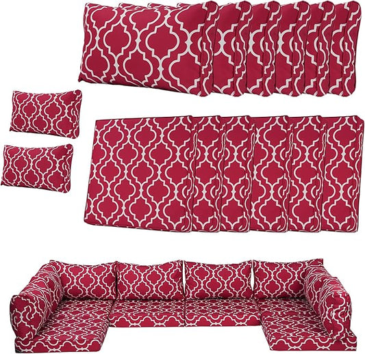 14 Piece Outdoor Patio Cushion Cover Replacement, Waterproof Patio Cushion Covers, Outdoor Furniture Cushion Covers Set for 6 Seat Wicker Rattan Sofa (Red Grid)