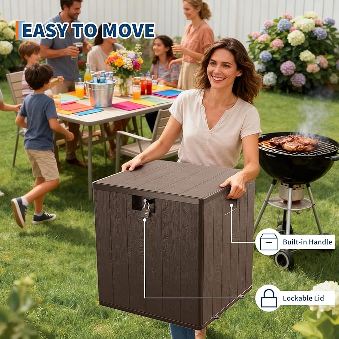 80 Gallon Outdoor Storage Box – Lockable Waterproof Resin Deck Box for Patio & Garden (UV Resistant, Holds Cushions, Tools, Pool Equipment) - Brown