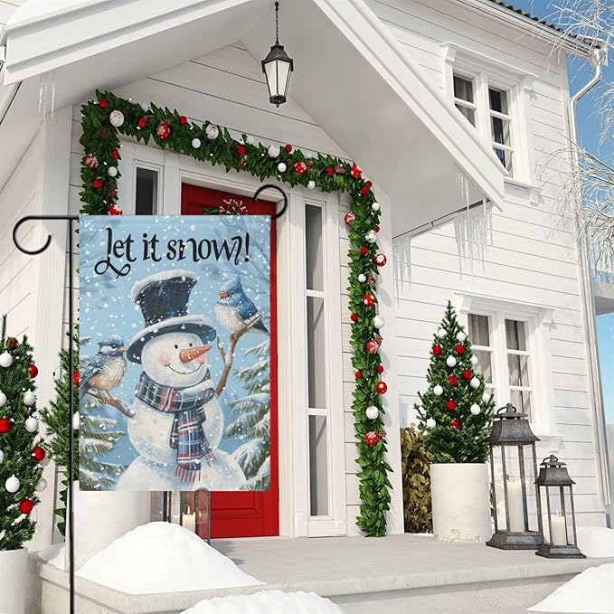 Pfrewn Christmas Winter House Flag 28x40 Double Sided Winter Snowman Cute Blue Birds Garden Yard Flags Welcome Winter Outdoor Indoor Banner for Party Home Merry Christmas Xmas Decorations