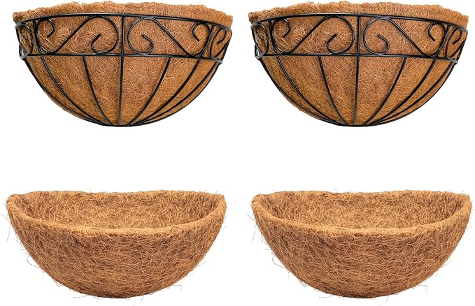 LaLaGreen Bundle- 2 Pack, 16 Inch Metal Basket with Coco Liner + 2 Pack, 16 Inch Half Round Coco Liner Insert Replacement Window Hanging Flower Pot Outdoor Plants Holder Rail Fence Balcony Porch Decor