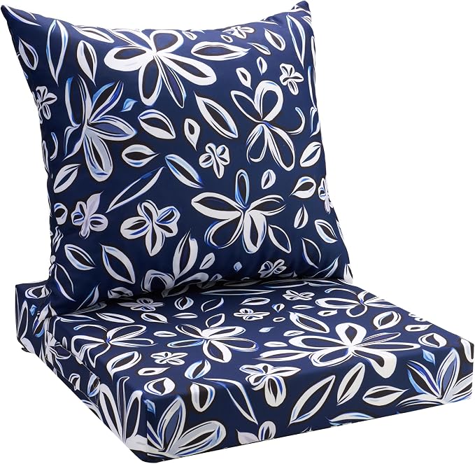 UNIKOME Outdoor Seat Cushions 19 X 19 Inch - Water-Resistant & Fade Resistant, Removable Cover Patio Furniture Cushions for Chair, Sofa, Couch, Wicker, NavyBlue/White