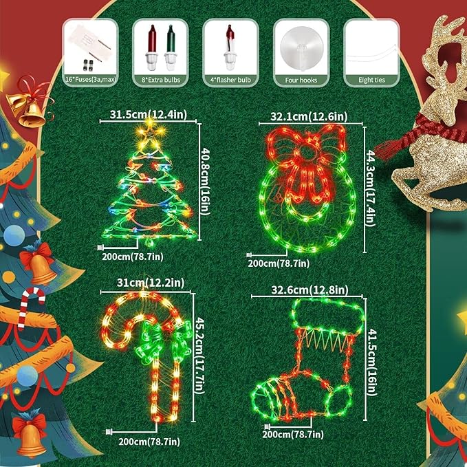 4 Pack Christmas Window Silhouette Lights, Lighted Candy Cane,Christmas Tree,Wreath and Christmas Stocking of Double Sided Decorations with 200 Count Incandescent Mini Light