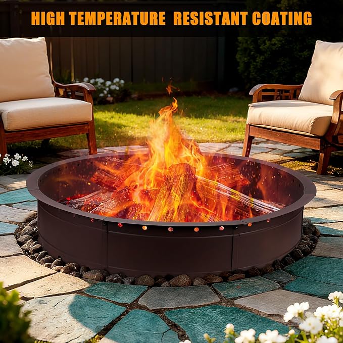 36 Inch Fire Pit Ring, Large Outdoor Campfire Pit for Patio Backyard Garden, Smokeless Steel Firepit with Air Vent for Efficient Burning & Anti-Rust Coating, Brown Steel