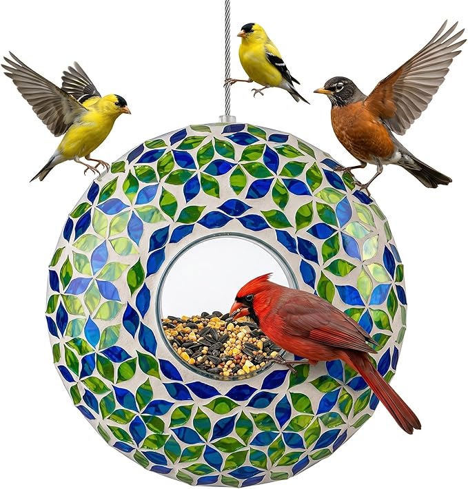DUSVALLY 9 Inch Fly Through Bird Feeder for Wild Birds, Colored Glass Mosaic Outdoor Hanging Feeder - Squirrel Proof Design, Easy Clean, Weather Resistant for Garden Patio Hummingbirds Finches