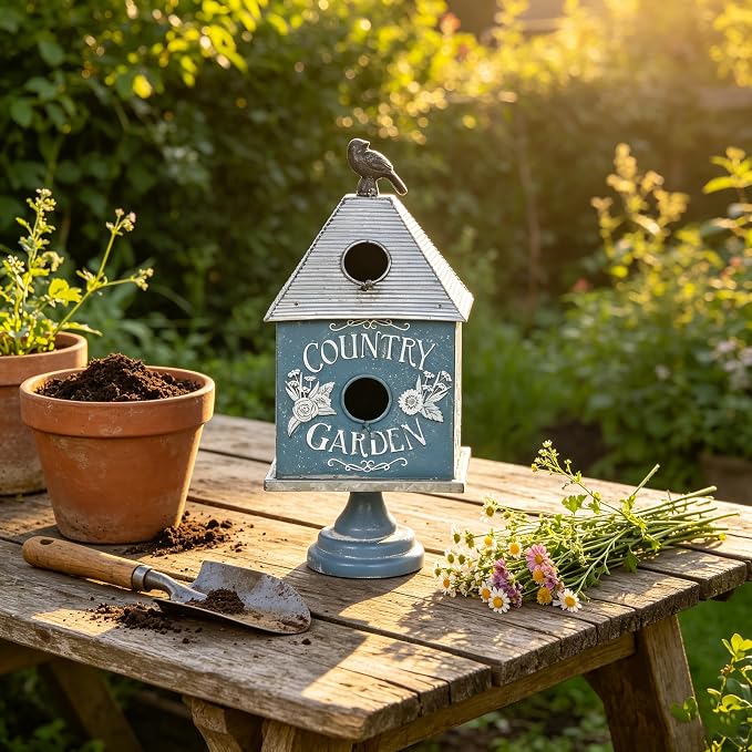 Rustic Blue Metal Bird House, Decorative Bird House with Country Garden Accents & Bird Topper, Standing Design Bird Home - Ideal Outdoor Garden Decor (Blue-Garden)