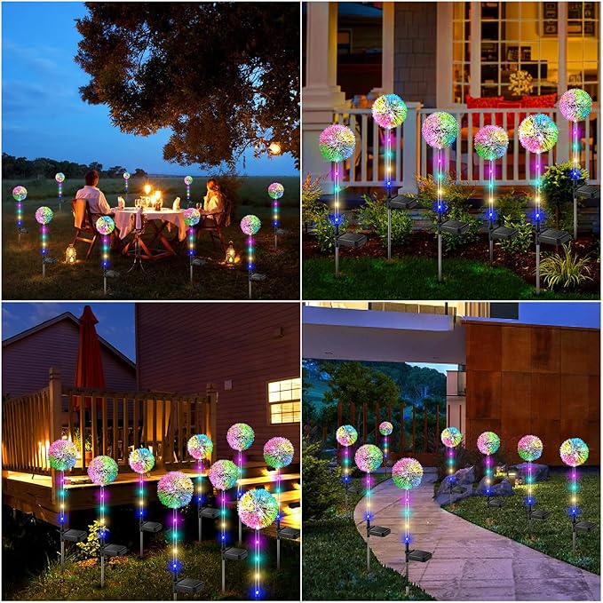 WdtPro Solar Lights Outdoor Garden Decor, 6 Pack Solar Flower Lights, 2 Modes Colorful Dandelion Light, Brighter Waterproof Decorative Garden Lights for Yard, Patio, Flower Bed, Unique Gifts for Women