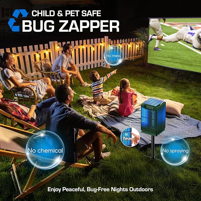 Solar Bug Zapper Outdoor, Waterproof Mosquito Zapper Type-C & Solar Powered, Auto On/Off, Cordless 4200V Electric Fly Zapper, 5000mAh Rechargeable Mosquito Trap Killer for Patio Backyard Camping