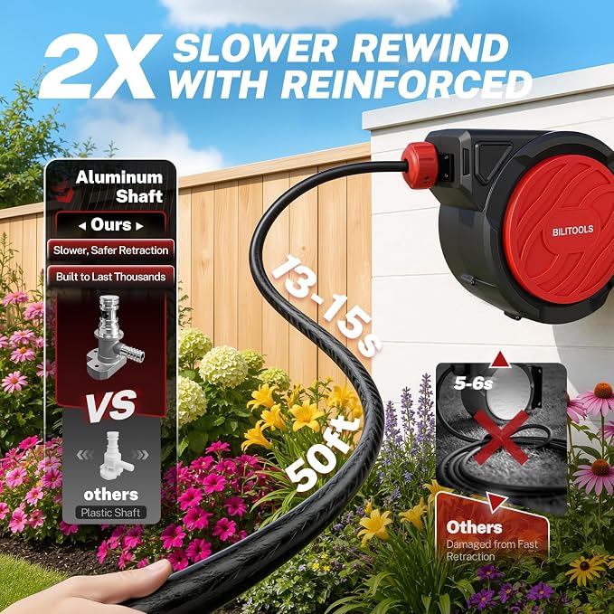 BILITOOLS Retractable Garden Hose Reel 5/8 in x 50 ft, Wall Mounted Water Hose Reel for Outside with Any Length Lock, Slow Auto Rewind Anti-Tangle System, 180° Swivel Bracket & 10-Pattern Spray Nozzle