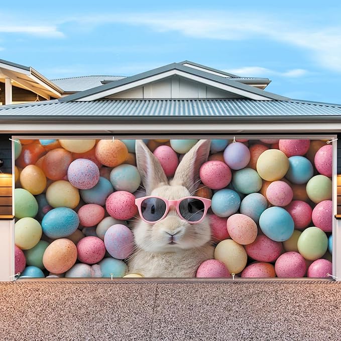 6 * 13FT Easter Bunny Garage Door Cover Decorations Easter Garage Door Banner for Outdoor Indoor Easter Party Photography Backdrop