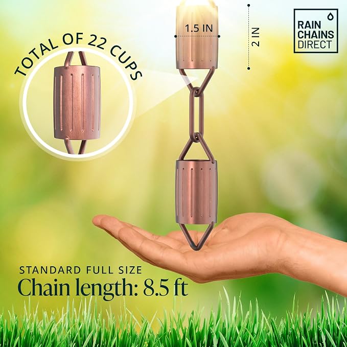 Rain Chains Direct - Scallop Rain Chain - 8.5 FT - Pure Solid Copper - Premium Rain Chains for Gutters